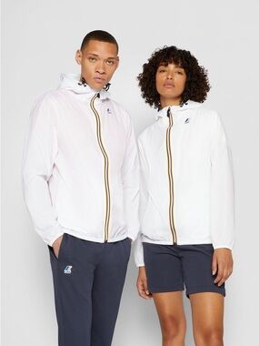 K-Way White Hooded Packable Jacket with Yellow and Black Trim